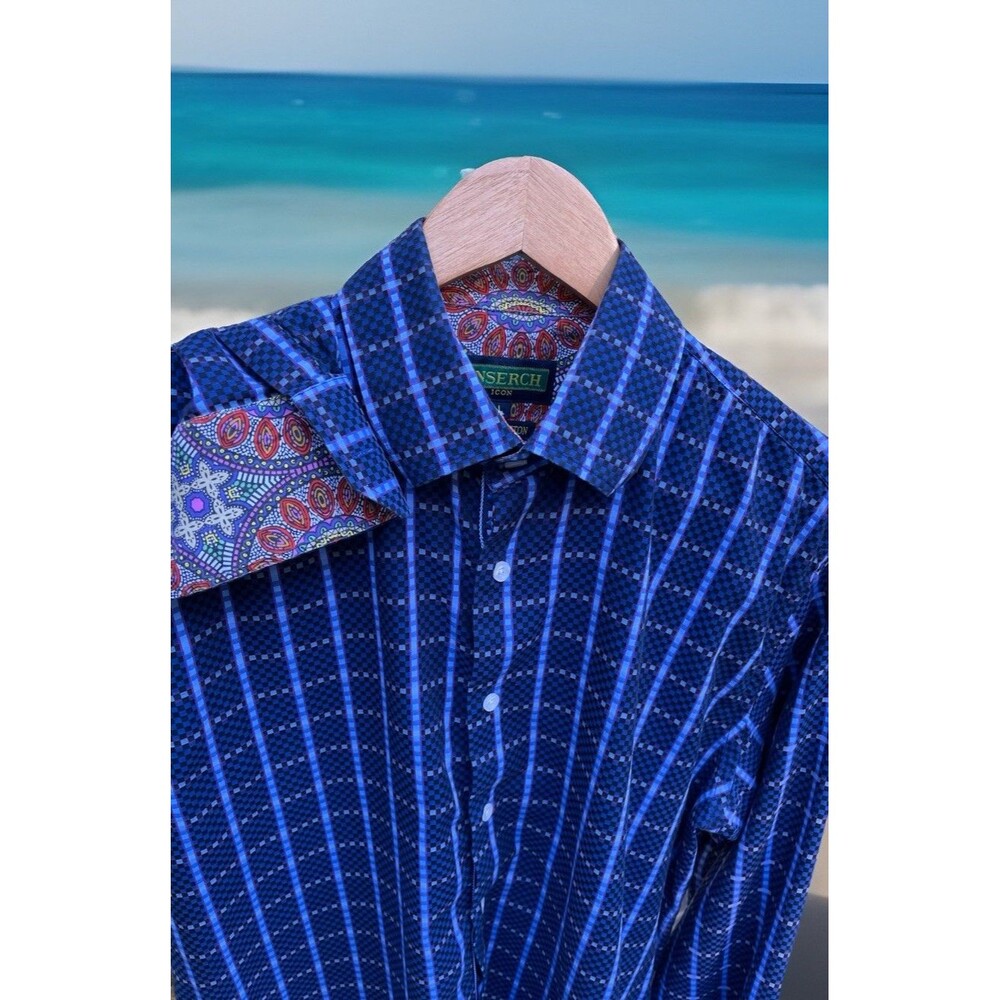 INSERCH ICON Flip Cuff Geometric Check Shirt LS Button Jacquard Cotton Men Large